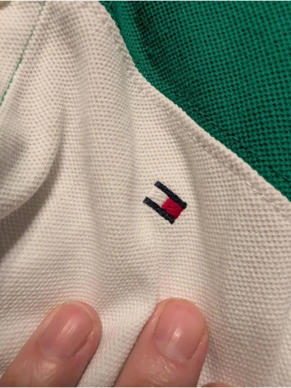 Tommy Hilfiger Boys Striped Polo Shirt Size S 8/10 Green White Navy Short Sleeve